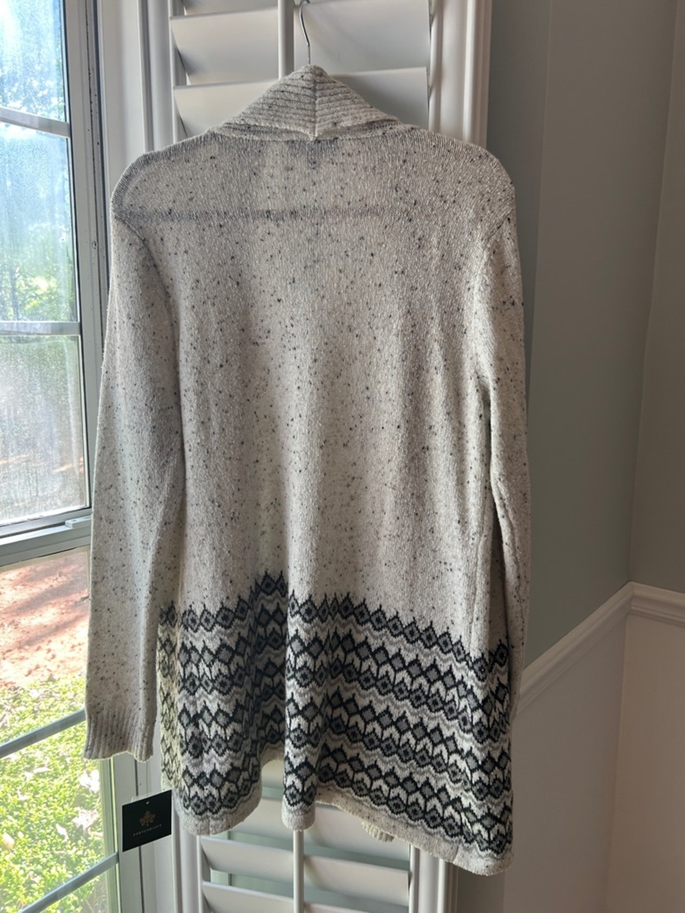 Fortune+Ivy Cream Speckled Shawl Cardigan with Black Geometric Trim - Picture 8 of 8